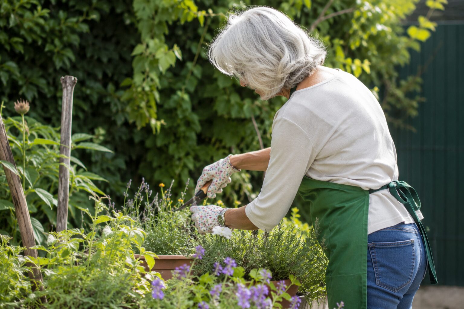 Une femme âgée jardine, en train de tailler des plantes dans une jardinière