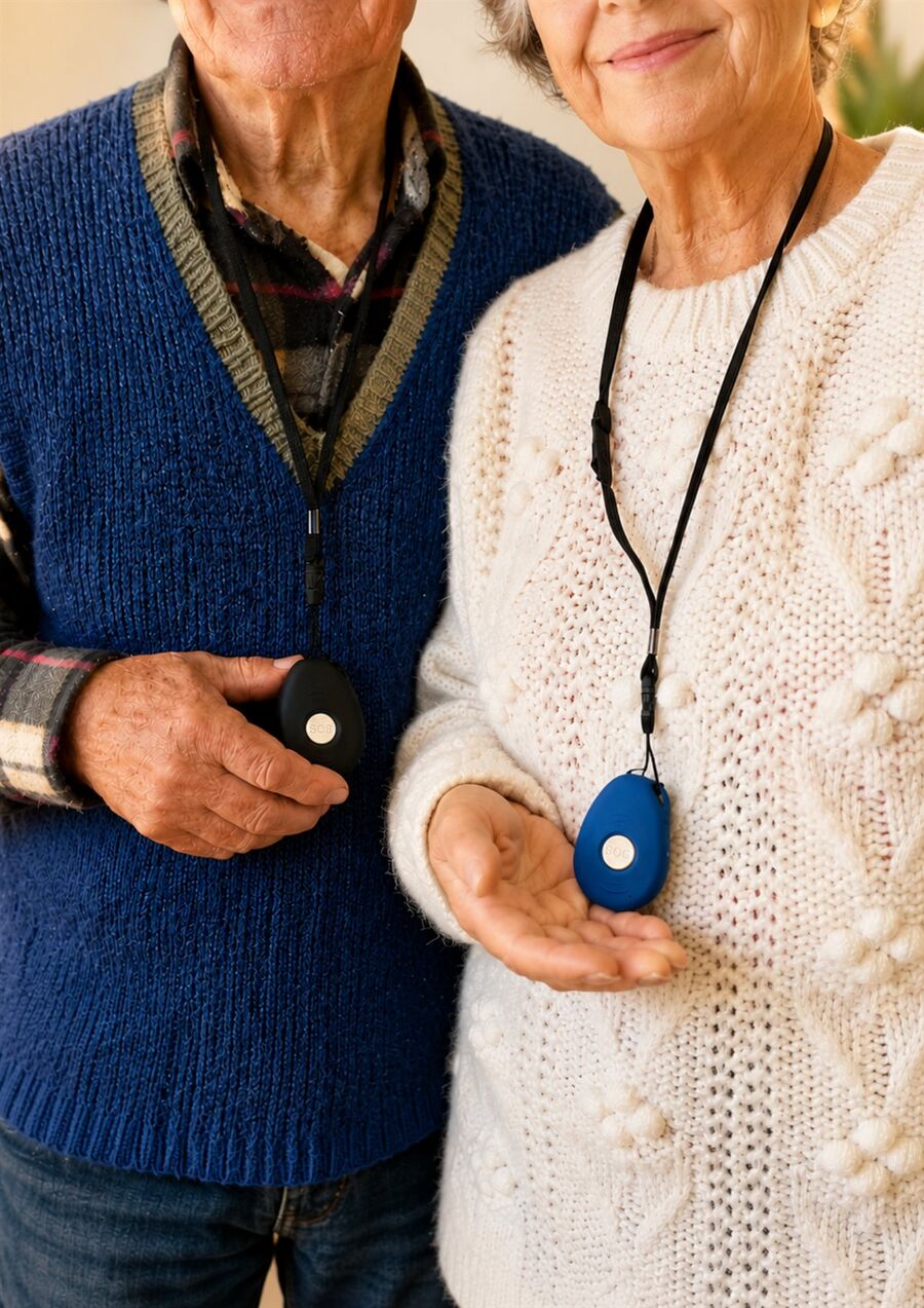Couple de seniors présentant leurs médaillons SOS de téléassistance Proxydomi