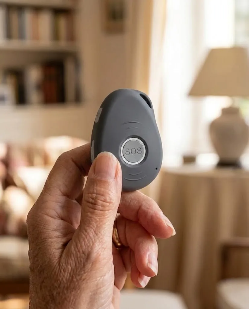 Médaillon d'alerte SOS 4G ProxyDomi tenu dans la main, bouton SOS visible