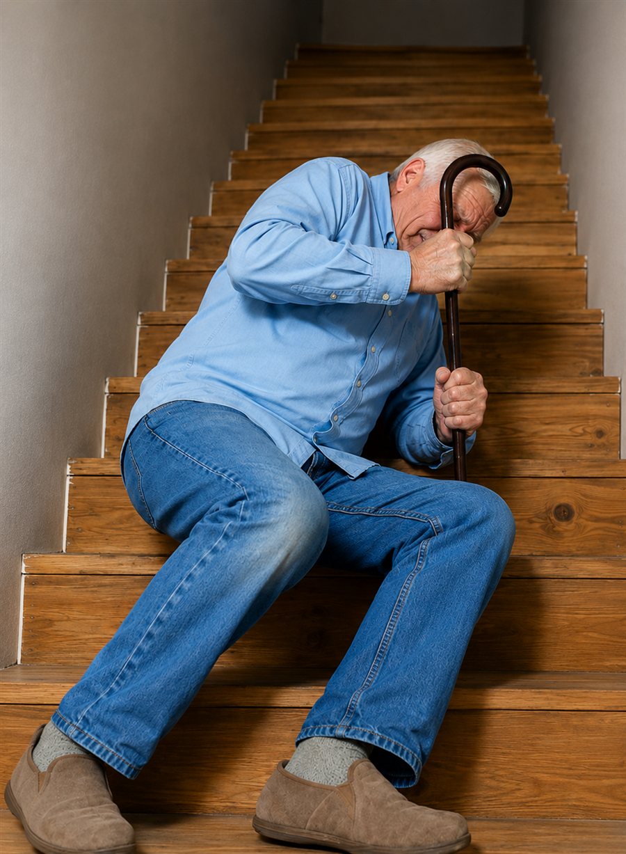 Senior en difficulté dans un escalier - Proxydomi